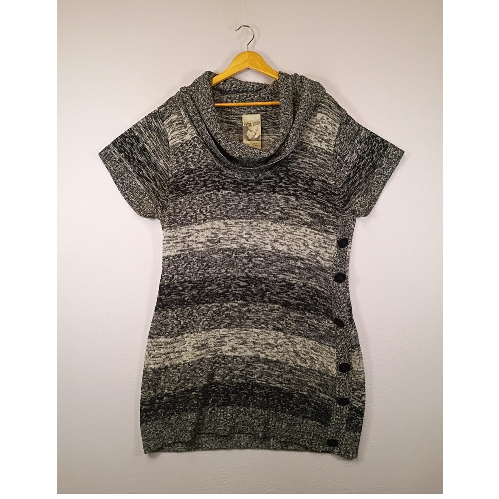 Cozy Gorpcore Extra Touch Women 3X Gray Space Dye Cowl Neck Button Tunic Sweater